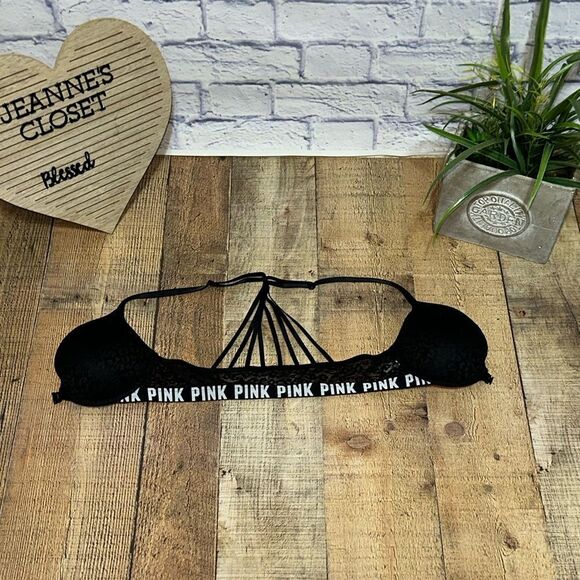 Victoria's Secret PINK Push-Up Black/Pink Lace Front Close Bra UW Strappy - Picture 4 of 7